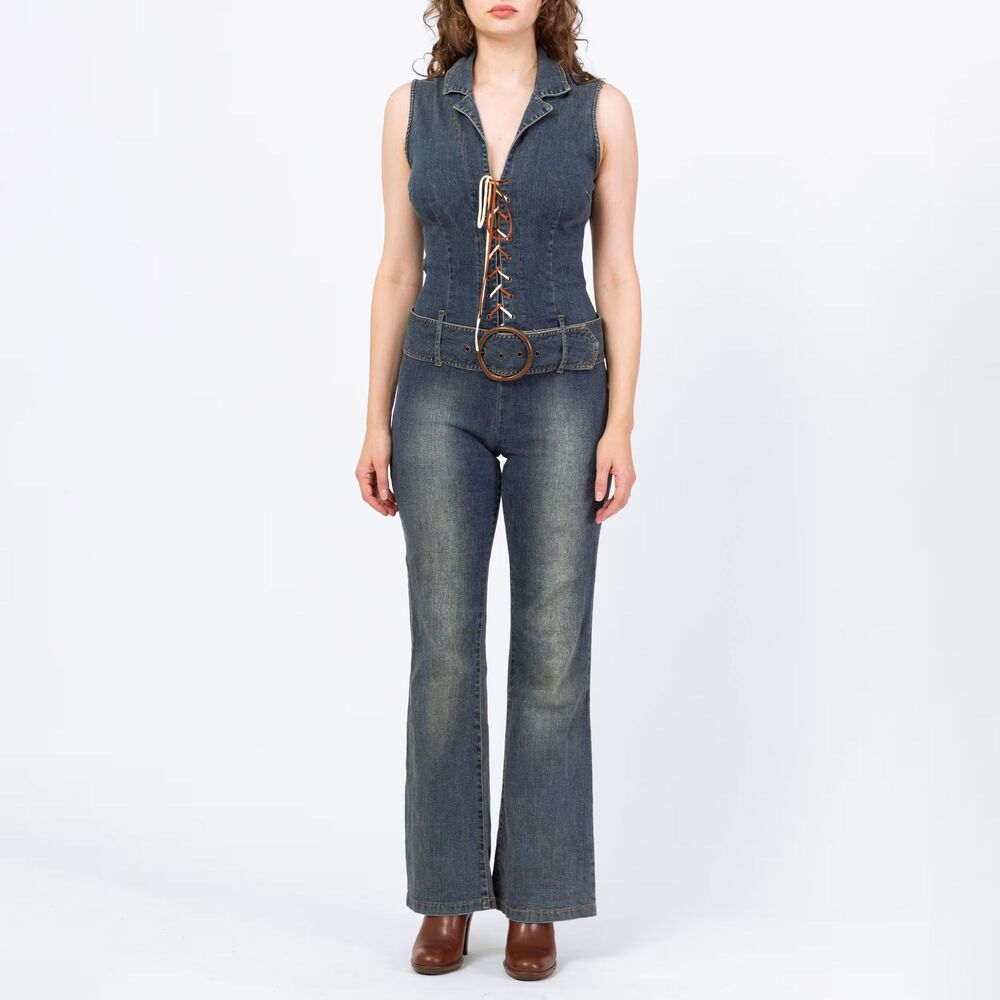 Vtg 90's Y2k Hot Kiss Jumpsuit Lace Up Chest Denim Sleeveless Bell Bottom Belted